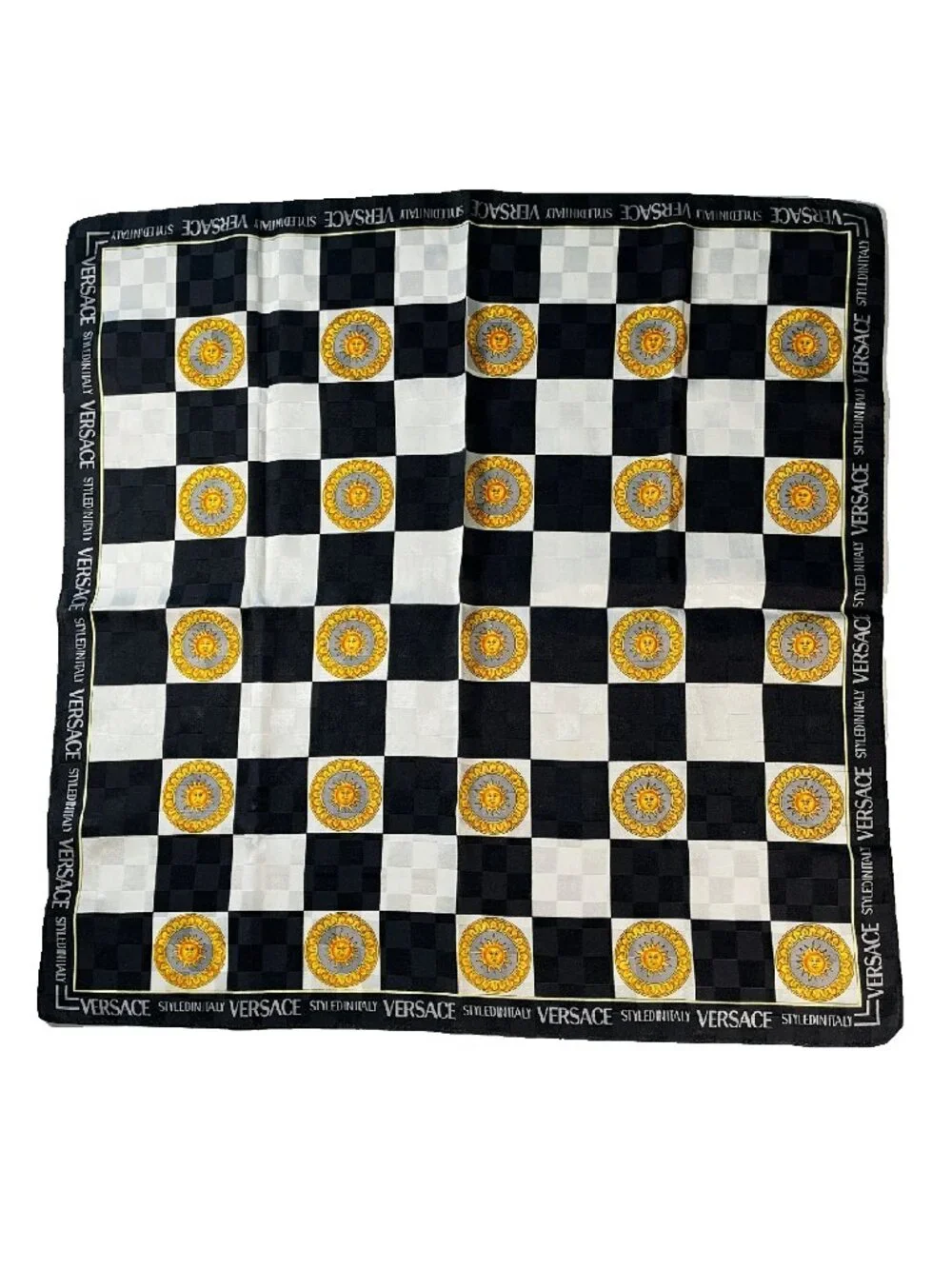 Versace Vintage Checkerboard Sun Print Scarf 53cm Black White Gold